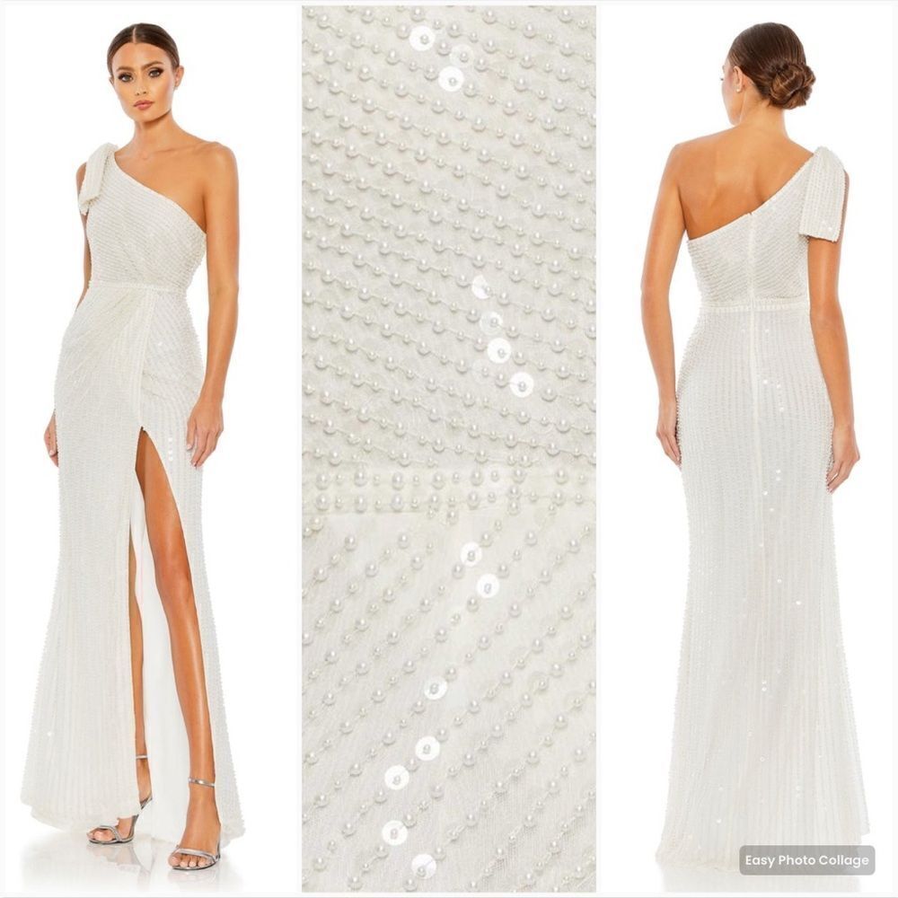 Mac Duggal  White Size 12 Pearl Embellished Soft Tie One Shoulder High Slit Gown